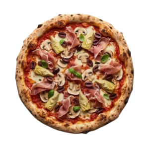 Pizza 4 Saisons avec Mozarella, artichauts, champignons, prosciutto et olives