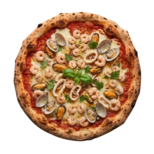 Pizza fruits de mer avec scampis, calamar, moule et vongoles