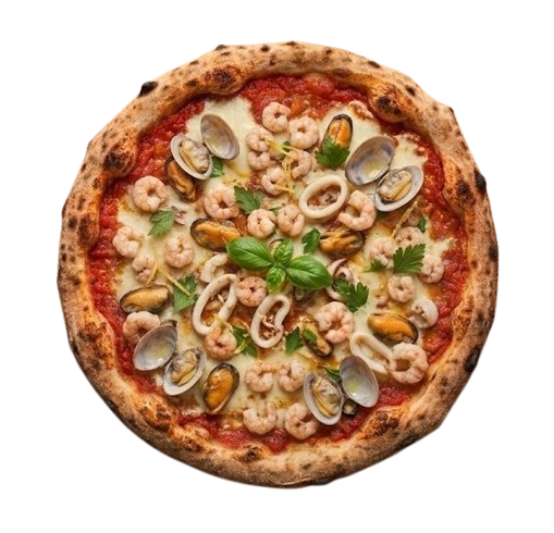 Pizza fruits de mer avec scampis, calamar, moule et vongoles