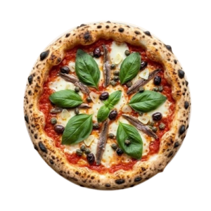 Pizza Napoletana avec Tomate, mozzarella, câpres, olives, anchois, ail.