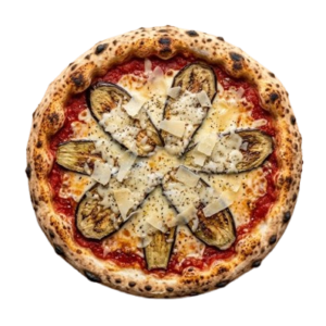 Pizza Parmigiana, Tomate, mozzarella, aubergines grillées, copeaux de parmesan.