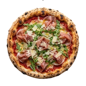 Pizza Parma, Tomate, mozzarella, jambon de Parme AOP, roquette, parmesan, huile d’olive extra vierge