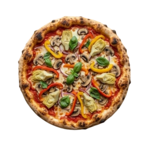 Pizza Végétarienne, Tomate, mozzarella, champignons, artichauts, poivrons, oignons.